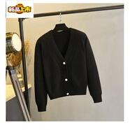 初徑開(kāi)衫外套女針織秋冬季加厚韓版新款紅色短款百搭加絨毛衣寬松 黑色 麻花V領(lǐng) XL 115-125斤