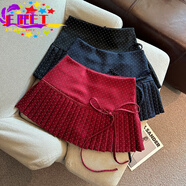 EPET學(xué)院風(fēng)波點(diǎn)百褶半身裙女蝴蝶結系帶a字裙小個(gè)子圣誕節紅色裙子春 黑色 M 90-100斤