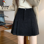 啄木鳥亮片毛呢半身裙女秋冬新款高腰遮跨加厚a字裙小個子百褶休閑短裙 黑色 XL 建議125-135斤