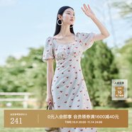 迪賽尼斯（DESIGNICE）顯瘦裙子夏季新款印花燈籠袖長(zhǎng)裙方領(lǐng)短袖連衣裙女 桃紅 L