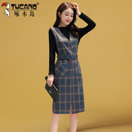 啄木鳥(niǎo)（TUCANO）毛呢背帶連衣裙女2025秋冬新款復古格子背心裙減齡顯瘦兩件套套裝 單件灰藍色連衣裙 M 【82-92斤以?xún)取?
                                         title=