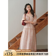謎秀印花長裙收腰連衣裙抽繩泡泡袖2025秋新品天絲混紡復(fù)古甜美裙子 奶油粉 柔霧粉 S