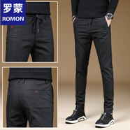 羅蒙（ROMON）小直筒休閑褲男彈亞麻褲子秋青年純色修身長(cháng)褲 哈韓潮 5199黑色 28