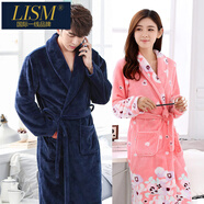 LISM國(guó)際一線(xiàn)品牌秋冬純色睡衣情侶款一對(duì)法蘭絨睡袍男大碼加絨保暖珊 上青色男款+菊粉花朵女 M 女+男L