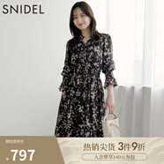 SNIDEL秋冬甜美碎花系帶收腰百褶雪紡連衣裙SWFO245033 棕色 S （0）