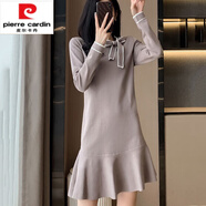 皮爾卡丹（pierre cardin）官方高檔連衣裙女2025春新款高檔法式小心機優(yōu)雅蝴蝶結女秋針織魚(yú) 灰色 M 110左右
