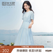 熙世界（sllsky）藍(lán)色亞麻連衣裙女2025女裝新款氣質(zhì)優(yōu)雅收腰圓領(lǐng)泡泡袖裙子秋裝 鹽水藍(lán) S