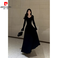 皮爾卡丹（pierre cardin）棉磨毛高品質(zhì)咖色長(cháng)款針織連衣裙細腰喇叭袖時(shí)尚收腰修身2025秋冬 黑色 M