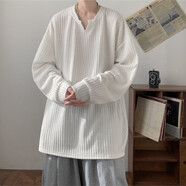 嘉曄V領(lǐng)長(cháng)袖T恤男復古純色秋季潮牌肌理高端長(cháng)袖T恤大碼寬松打底衫 白色 【重磅高質(zhì)量升級】 2XL