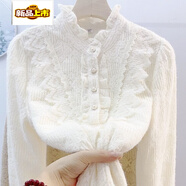初徑立領(lǐng)木耳邊加絨蕾絲打底衫寬松襯衫顯瘦遮肉小香風(fēng)加厚上衣小衫冬 米白色 加絨 5XL 195碼(150-160斤)