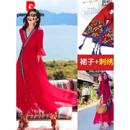 皮爾卡丹（pierre cardin）沙漠旅游拍照超大擺民族風(fēng)紅色連衣裙新疆青海湖波西米亞長(cháng)裙紅裙 紅裙子+格?；ù汤C披肩 高品質(zhì) 3XL