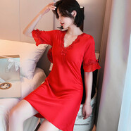 依曼安睡衣女夏季冰絲性感薄款短袖睡裙帶胸墊V領(lǐng)氣質(zhì)蕾絲女士家居服 351 紅色（無(wú)胸墊） 3XL 【140-170斤】