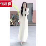 恒源祥法式溫柔風白色長袖連衣裙女2025年春秋裝新款高級感收腰顯瘦長裙 米白色 S