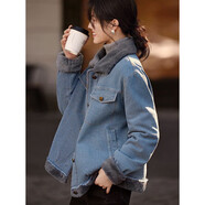 AEMAPE2025新款湖藍色棉服女冬季加厚毛絨上衣短款牛仔外套保暖棉衣寬松 藍色牛仔外套 L 建議105-120斤