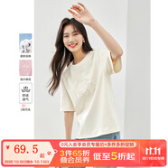梵希蔓杏色簡約通勤繡花T恤女2025年春夏新款寬松短袖內(nèi)搭上衣 M5617 米杏色 M