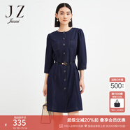 玖姿（JUZUI）仿牛仔連衣裙女裝秋款通勤OL收腰復(fù)古泡泡袖裙子 深藍(lán) XS