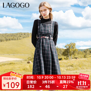 LAGOGO英倫風(fēng)復(fù)古格子連衣裙女拉谷谷秋冬新款疊穿收腰顯瘦背帶裙 混色(Y0) S 155/36