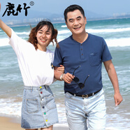 鹿竹爸爸夏裝短袖t恤純棉40歲50中年男士休閑口袋上衣中老年男裝體恤 88235-藍(lán)色_【棉】 S 165__【95斤-115斤】
