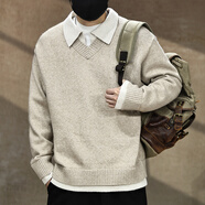 金古萊美式復古撞色假兩件V領(lǐng)毛衣男士冬季寬松氛圍感老錢(qián)風(fēng)polo針織衫 燕麥色 XL 【體重145-160斤】