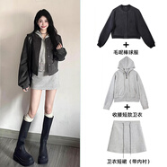 grosfairy常規款服衫外套女春秋季2025新款正肩衛衣休閑小上衣韓系chic 【三件套】麻灰外套+寬松短衛衣+短裙 S