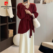皮爾卡丹（pierre cardin）本命年新年紅色新中式v領(lǐng)針織衫女秋冬季系帶收腰中長(cháng)款大碼毛衣 紅色 L (105-115斤)