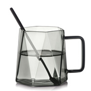 小北家黑鉆石玻璃杯馬克杯咖啡杯子帶勺把手耐高溫輕奢玻璃辦公室水杯 黑玻璃杯+勺