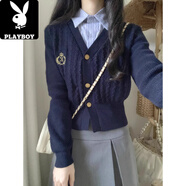 花花公子（PLAYBOY）領(lǐng)假兩件針織開(kāi)衫毛衣女2025春秋季新款英倫學(xué)院風(fēng)設計感上衣 藏青色 M 【建議90-105斤】