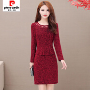 皮爾卡丹（pierre cardin）2025新款結婚禮服媽媽裝婚宴紅色連衣裙長(cháng)袖裙子秋冬加絨加厚喜婆 紅色 2XL 建議110-120斤