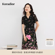 珂萊蒂爾【100桑蠶絲】玫瑰印花真絲連衣裙女夏茶歇裙法式裙子 黑色 2XL