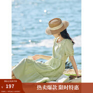 茵曼（INMAN）七七同款連衣裙2025夏女裝新款田園純棉提花方領(lǐng)A字泡泡袖蛋糕裙 淡綠色 S