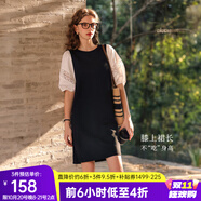 Olrain歐芮兒夏季女裝直筒名媛風(fēng)撞色蕾絲拼接連衣裙 黑白色 L
