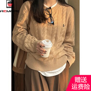 AEMAPE圓領(lǐng)刺繡復古麻花毛衣女2025秋冬新款慵懶風(fēng)針織衫休閑百搭上衣女 駝色 M 100-115斤