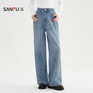 三福（SANFU）牛仔褲2025新款秋季覆古寬松直筒褲時(shí)尚美式藍色長(cháng)褲女裝 藍色 S