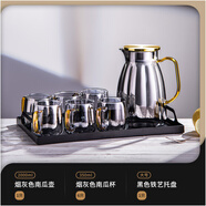 梵卡奇高顏值家用玻璃冷水壺涼白開(kāi)水杯創(chuàng  )意客廳涼茶冰水壺 2000ml _【一壺六杯】_亞黑鐵藝托盤(pán)罓