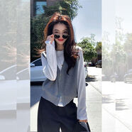 韓系灰色假兩件v領(lǐng)長(cháng)袖針織衫女早秋穿搭小眾設計感短款正肩上衣 2025小香風(fēng)韓版獨特超好看 S