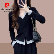 皮爾卡丹（pierre cardin）大碼假兩件V領(lǐng)長(cháng)袖T恤女春秋胖MM修身內搭打底衫顯瘦開(kāi)衫新款上衣 圖片色 XL 建議120斤-135斤