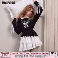 UNIFREE美式斜肩長袖連衣裙蝴蝶結(jié)收腰撞色蕾絲邊蓬蓬短裙 黑色 M