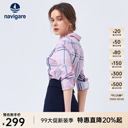 Navigare意大利小帆船女士長(cháng)袖襯衫春秋季休閑格子襯衣萊賽爾高檔寸衫 洋紅/白 L