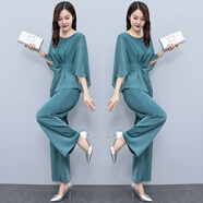 楚馨2025夏季新款女裝時(shí)尚氣質(zhì)兩件套套裝女夏天氣質(zhì)休閑褲女闊腿褲子 藍(lán)色 3XL