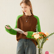 兔皇（TUHUANG）【加厚純羊毛】撞色絞花針織衫慵懶風(fēng)25秋冬圓領(lǐng)女羊毛衫TW047770