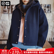 馬登毛呢感連帽外套廓形收腰休閑夾克女士開(kāi)衫短款呢子大衣秋冬女上裝 藏青色 M