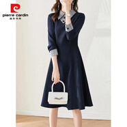 皮爾卡丹（pierre cardin）中長(cháng)款裙子女2025女裝新款長(cháng)袖收腰顯瘦長(cháng)袖連衣裙歐美女裝法式裙 藏青色 S S 建議85-95斤