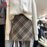 皮爾卡丹（pierre cardin）毛呢格子半身裙秋冬加厚2025新款高腰a字裙ins氣質(zhì)短裙毛呢冬裙子 338卡其色 有安全褲 S