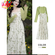 JAVC綠色小清新夏季吊帶連衣裙森系法式桔梗長(cháng)裙子女2025春夏新款套裝 上衣+吊帶裙【兩件套】 L 【106-115斤】
