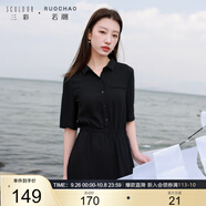 三彩大碼女裝2025夏新款翻領(lǐng)連衣裙中袖開叉松緊腰簡約寬松高腰胖MM