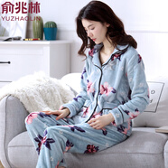 俞兆林珊瑚絨媽媽睡衣女冬季2025新款加絨加厚中老年秋冬款家居服套裝 天藍(lán)花朵K306 L