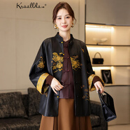 卡搭（kraallda）高檔真皮皮衣女復古繡花外套2025春秋新款新中式國風(fēng)綿羊皮單裝 黑色 L 100---130斤