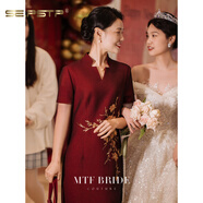 夏典素訂女王（SE.PSTP）高端喜婆婆婚宴裝晚禮服裙小個(gè)子高貴年輕媽媽婚禮服洋氣中年夏季 酒紅色短袖 XL 建議110-120斤