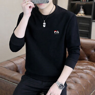 KRDUGBR衛衣男加絨加厚長(cháng)袖t恤圓領(lǐng)秋冬季修身內搭保暖冬裝男裝套頭衫 黑色【不加絨】 2XL 【135-155斤】