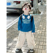 萌如你男童秋季套裝2025新款痞帥洋氣兒童寶寶炸街休閑T恤休閑褲兩件套 藍色T恤+米色工裝褲[兩件套] cm 90